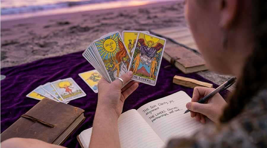 Over-the-shoulder view of a person on a beach at sunset holding fanned tarot cards (The Sun and The Fool) and writing in an open notebook