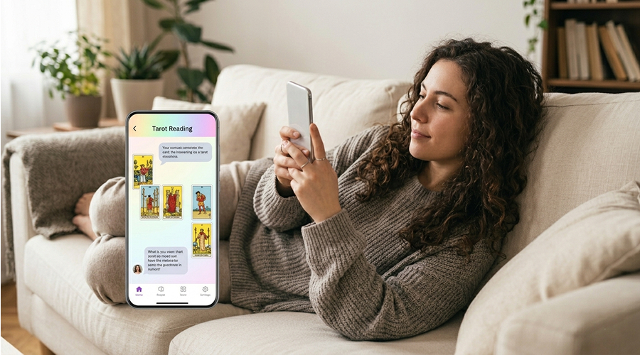 A person sitting on a couch reading a tarot interpretation on their smartphone, illustrating the accessibility of digital readings