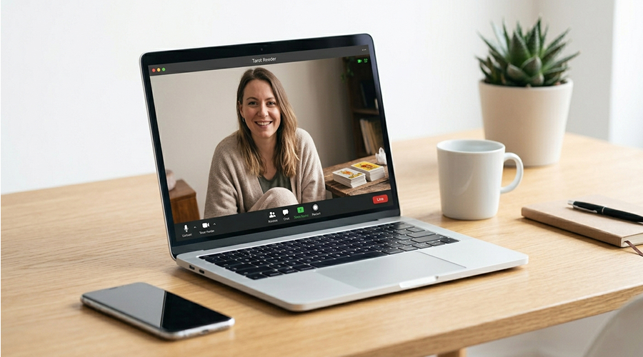A laptop screen displaying an online tarot reading via video chat, set up on a minimalist desk next to a coffee cup