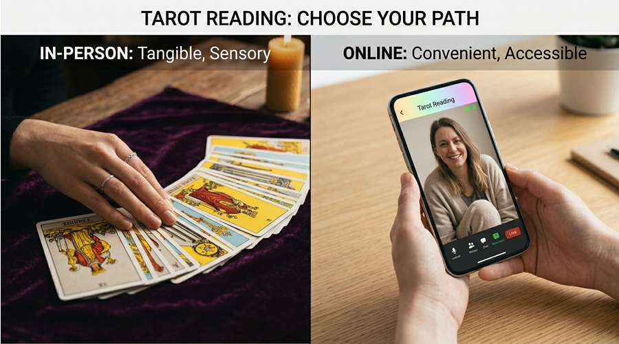 A conceptual split image comparing a traditional in-person tarot setup with a modern online video reading setup