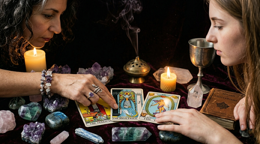 Two people performing a tarot reading with classic cards, crystals, and candles on purple velvet.