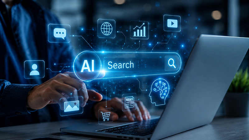 A professional using AI-powered search tools on a laptop, representing the future of search with intelligent technology, data insights, and modern digital discovery.