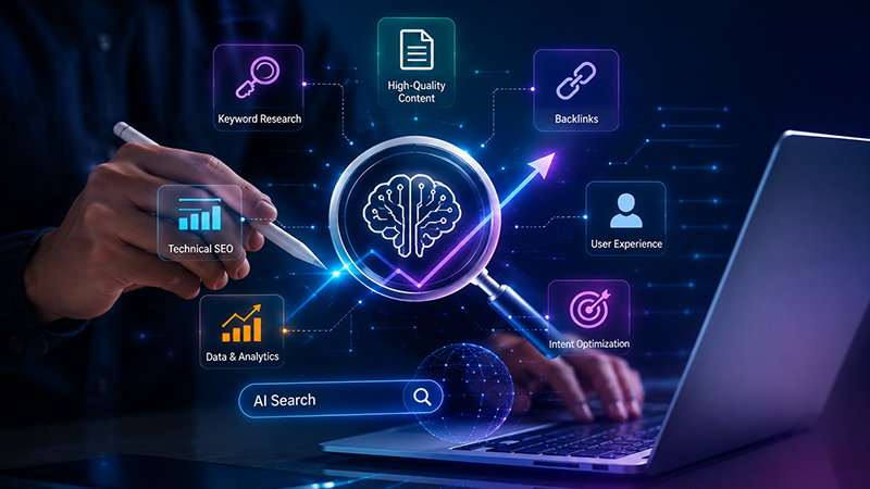 A marketing professional using a laptop with futuristic AI-powered SEO analytics, keyword research, content optimization, backlink analysis, and search performance visualizations in a modern digital workspace.