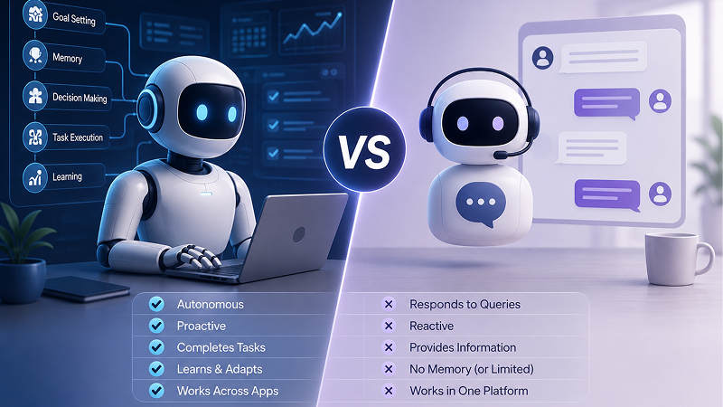 A chatbot is primarily conversation-focused. An agent is primarily goal-focused.