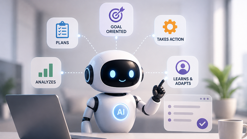 An AI agent is designed to accomplish a goal by taking multiple steps, using tools, making decisions, and potentially interacting with external systems.