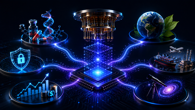 Quantum computing infographic showing how quantum technology could solve complex problems, accelerate drug discovery, improve cybersecurity, optimize industries, support climate research, and advance scientific innovation.